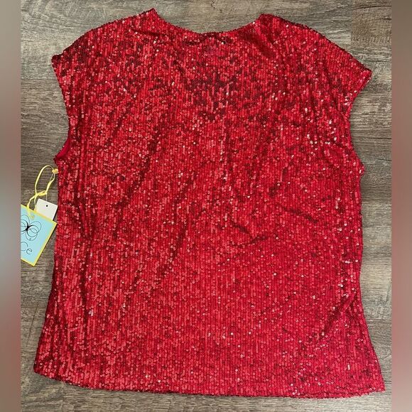 CeCe Sequined V-Neck Cap-Sleeve Red Blouse-Size Medium - Picture 2 of 7